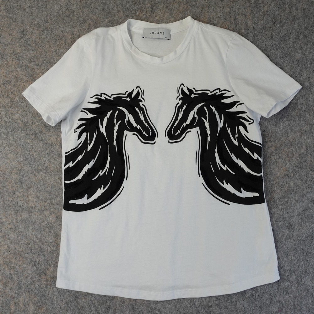 IORANE Top Womens S White Horse Graphic‎ Cotton Shirt Burnout Equestrian Tee